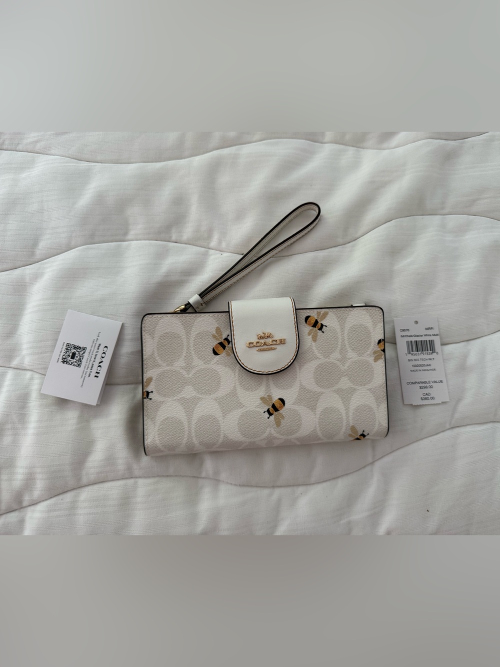 Coach Bee Print Signature Wristlet in Cream and Yellow